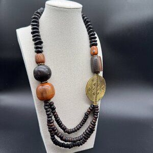 Statement Chunky Necklace Wood Beads Eclectic Brown Tones